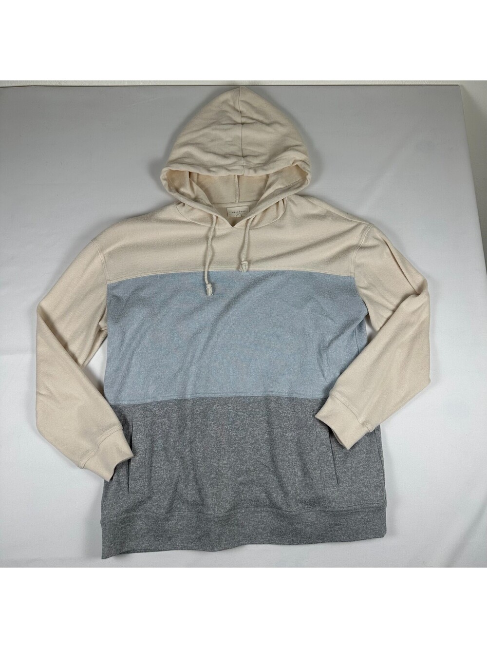 Melloday Womens L Colorblock Hoodie Cream Blue Gray Pullover Sweatshirt Pockets